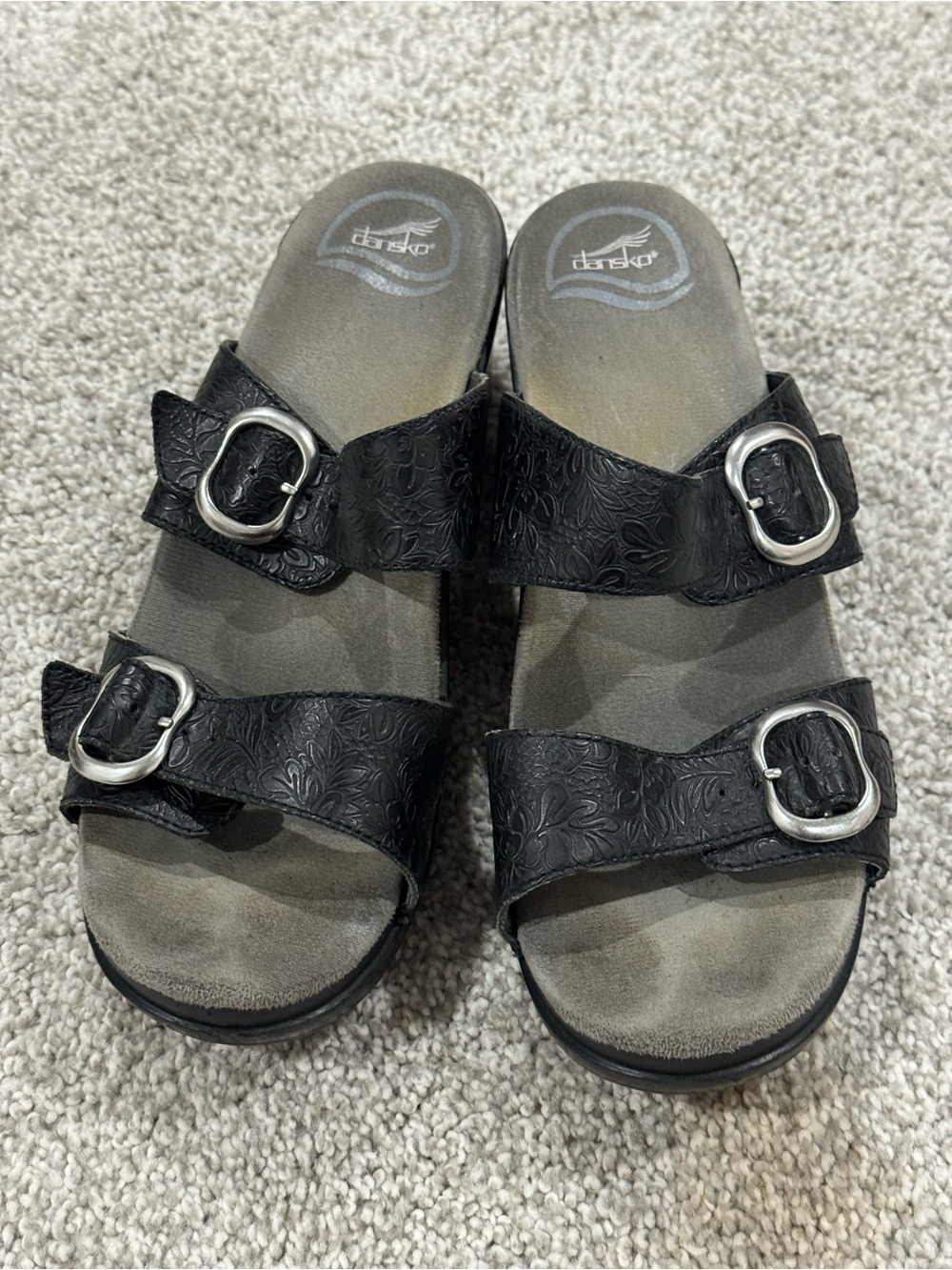 Dansko Black Floral-Embossed Double-Buckle Slide Sandals with Silver Buckles